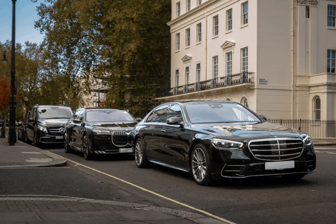 Exclusive cars waiting for passengers in front of event hosting establishment.